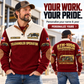 Personalized Genie GTH-1056 Telehandler Sports Sweatshirt in Jujube Red, dedicated lifestyle featured image showing front and back artwork, personalized YOUR NAME and SINCE 2000