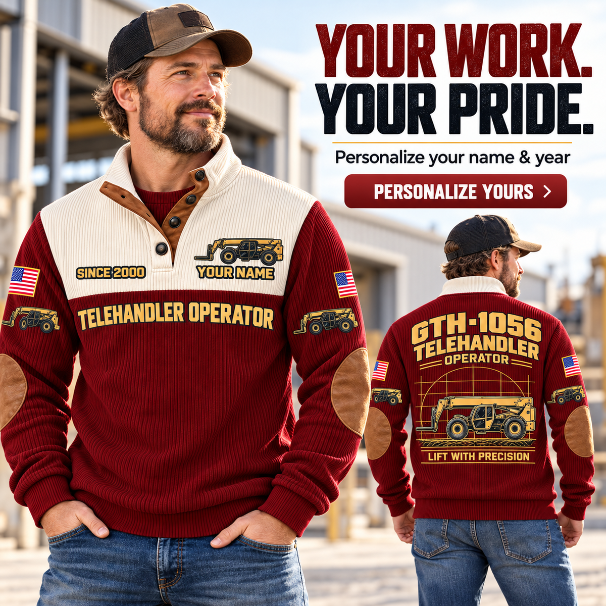 Personalized Genie GTH-1056 Telehandler Sports Sweatshirt in Jujube Red, dedicated lifestyle featured image showing front and back artwork, personalized YOUR NAME and SINCE 2000