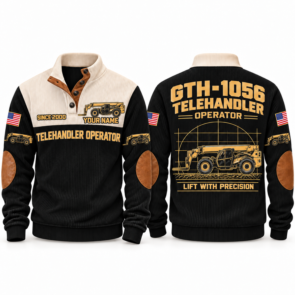 GTH-1056 Telehandler Operator Sports Sweatshirt in Black, front and back views, sample YOUR NAME and SINCE 2000 personalization