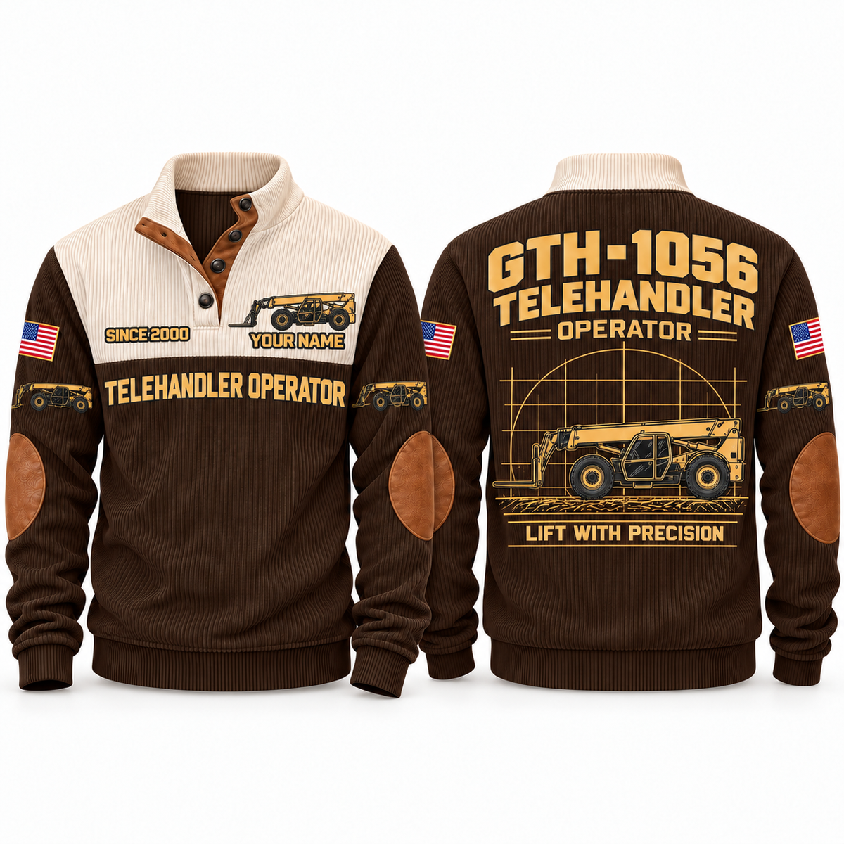 GTH-1056 Telehandler Operator Sports Sweatshirt in Brown, front and back views, sample YOUR NAME and SINCE 2000 personalization