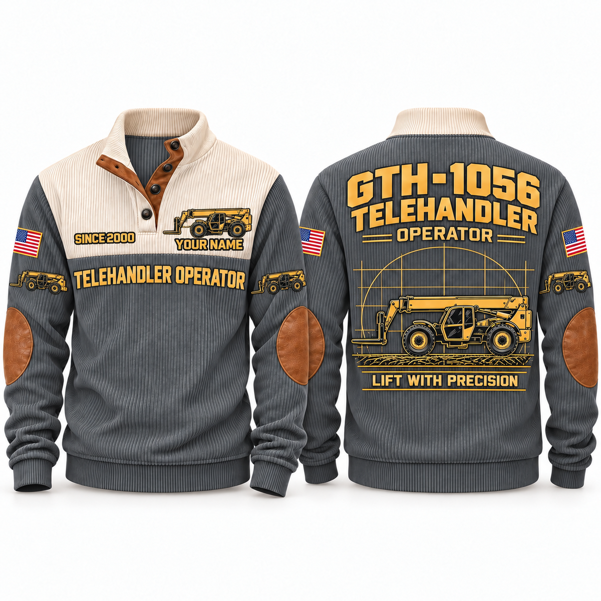 GTH-1056 Telehandler Operator Sports Sweatshirt in Grey, front and back views, sample YOUR NAME and SINCE 2000 personalization