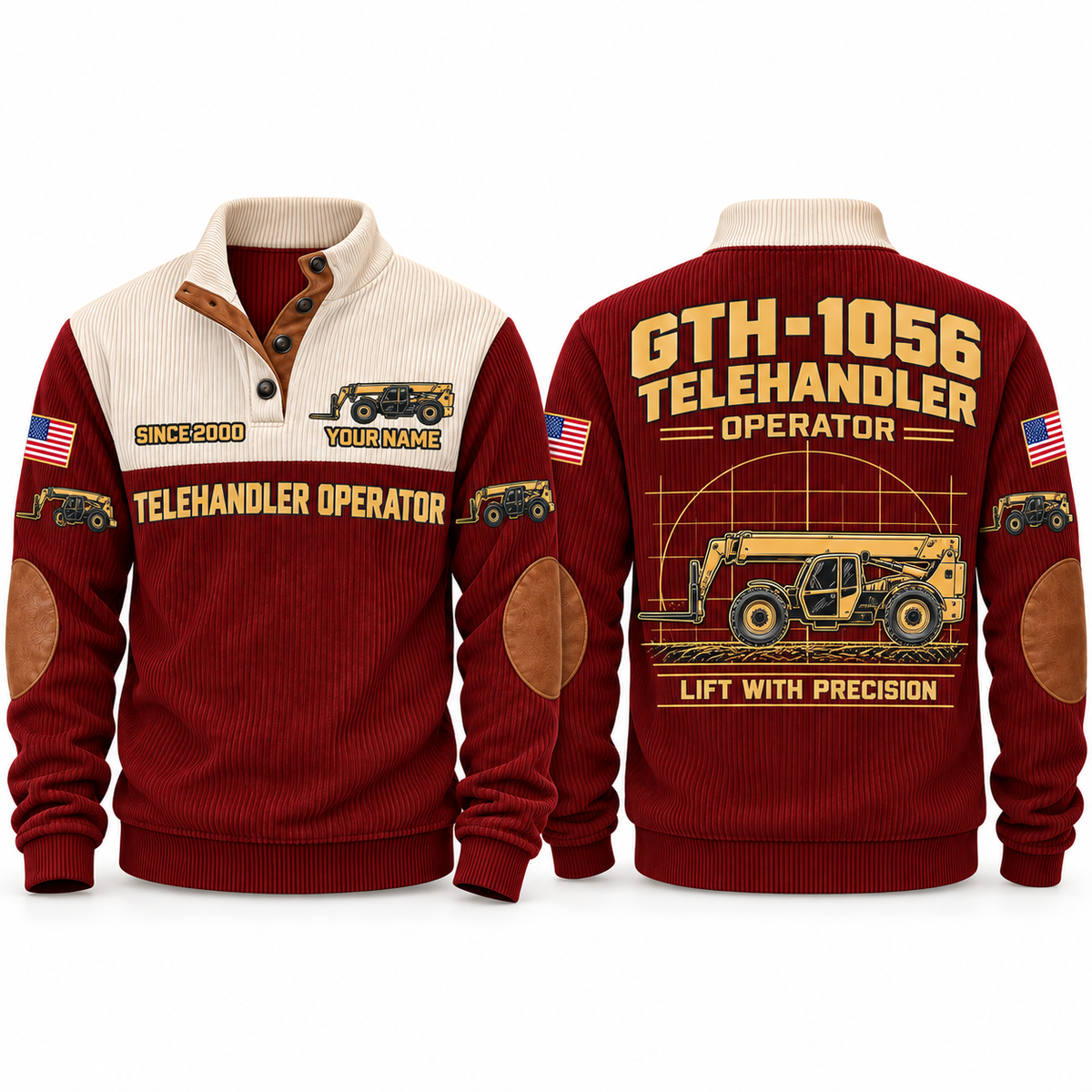 GTH-1056 Telehandler Operator Sports Sweatshirt in Jujube Red, front and back views, sample YOUR NAME and SINCE 2000 personalization