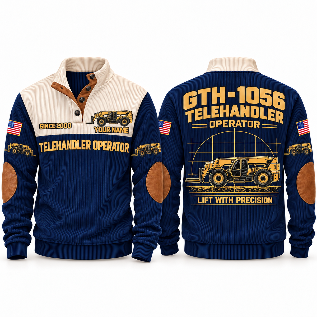 GTH-1056 Telehandler Operator Sports Sweatshirt in Navy, front and back views, sample YOUR NAME and SINCE 2000 personalization