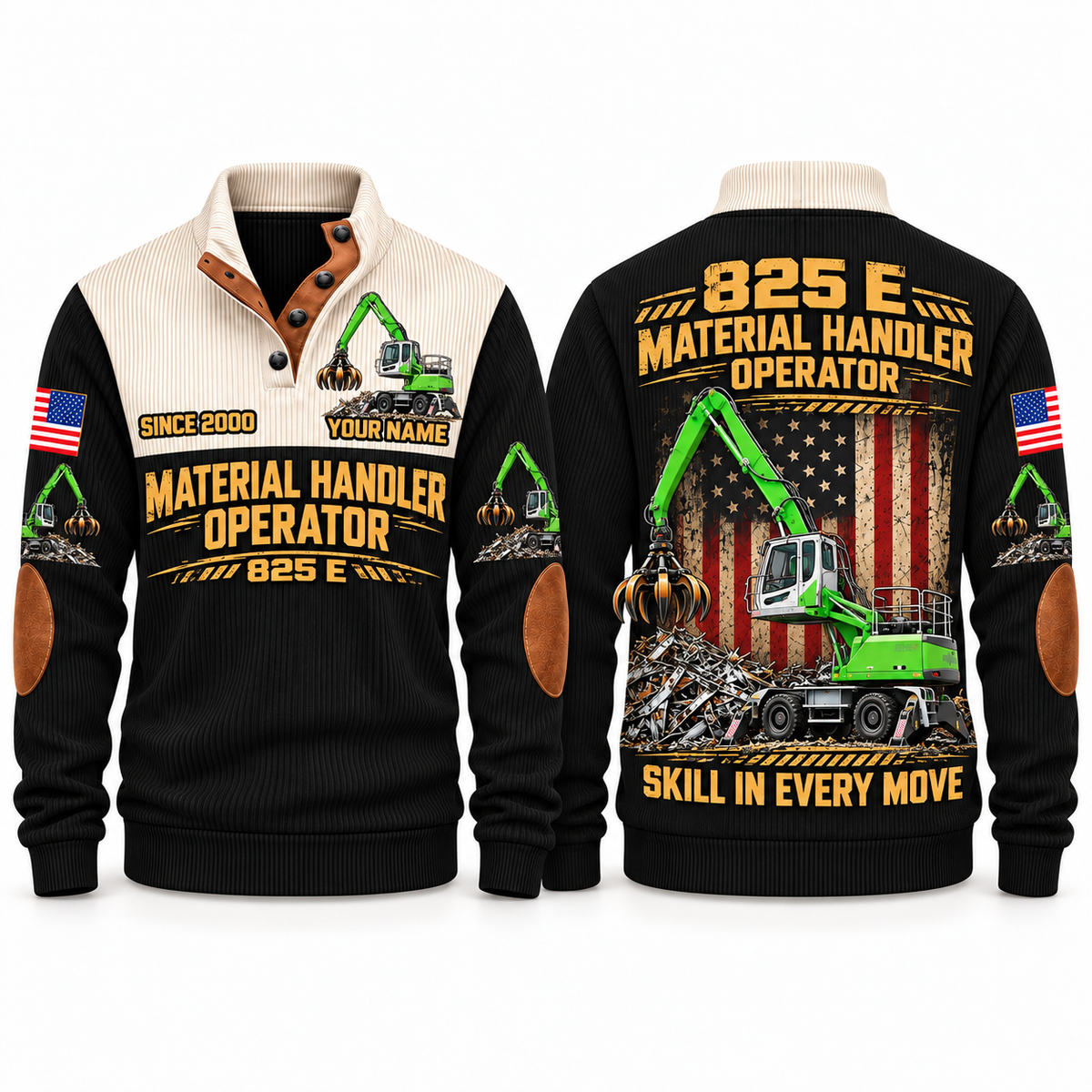 825 E Material Handler Operator Sports Sweatshirt in Black, front and back views, sample YOUR NAME and SINCE 2000 personalization