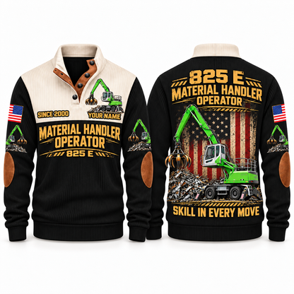 825 E Material Handler Operator Sports Sweatshirt in Black, front and back views, sample YOUR NAME and SINCE 2000 personalization