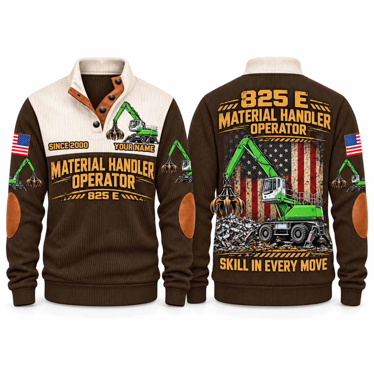 825 E Material Handler Operator Sports Sweatshirt in Brown, front and back views, sample YOUR NAME and SINCE 2000 personalization