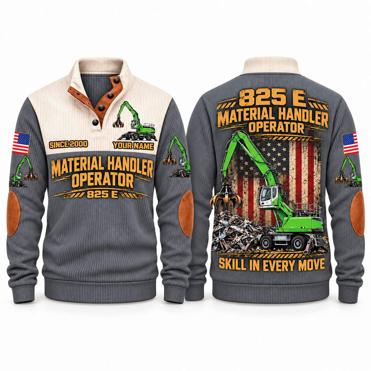 825 E Material Handler Operator Sports Sweatshirt in Grey, front and back views, sample YOUR NAME and SINCE 2000 personalization