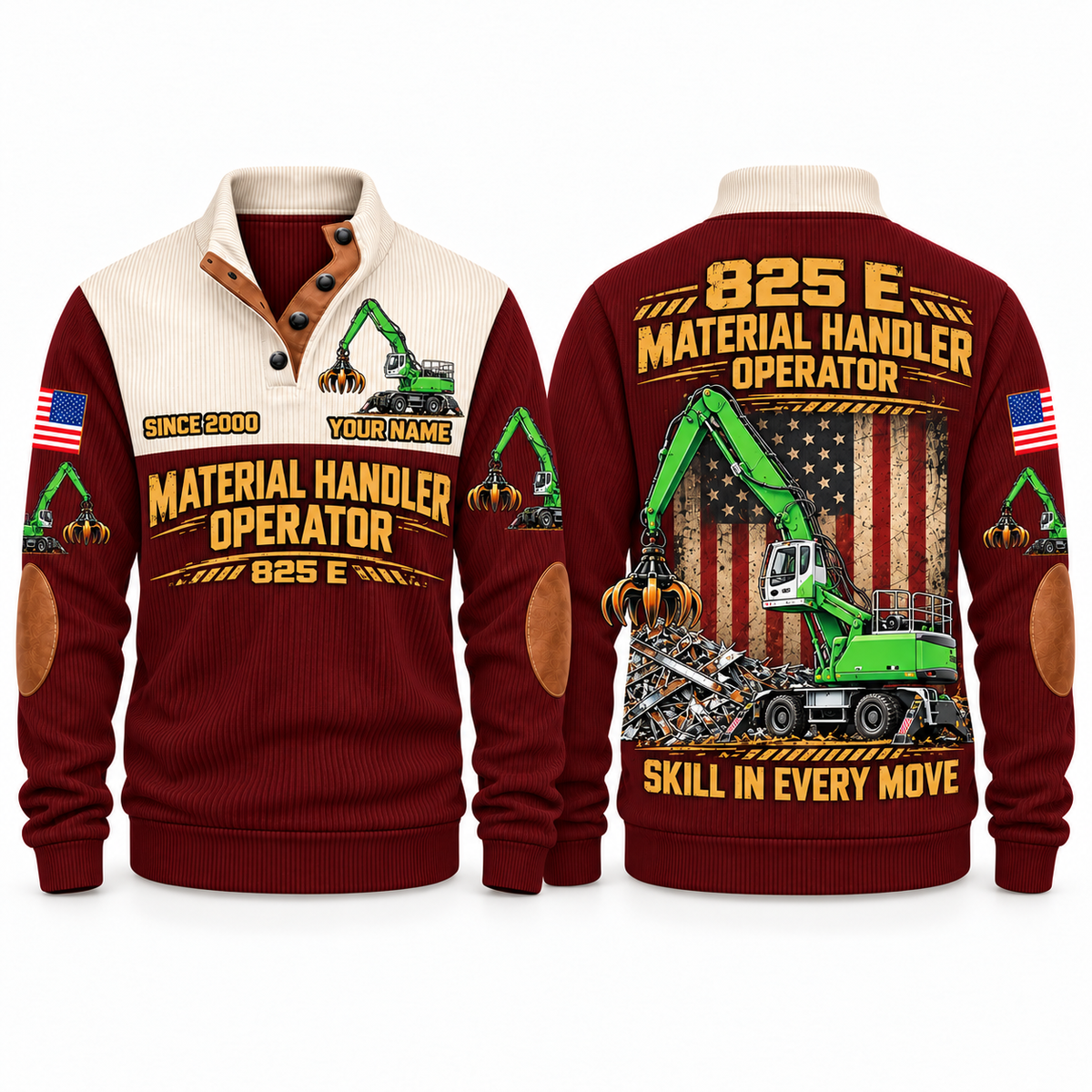 825 E Material Handler Operator Sports Sweatshirt in Jujube Red, front and back views, sample YOUR NAME and SINCE 2000 personalization