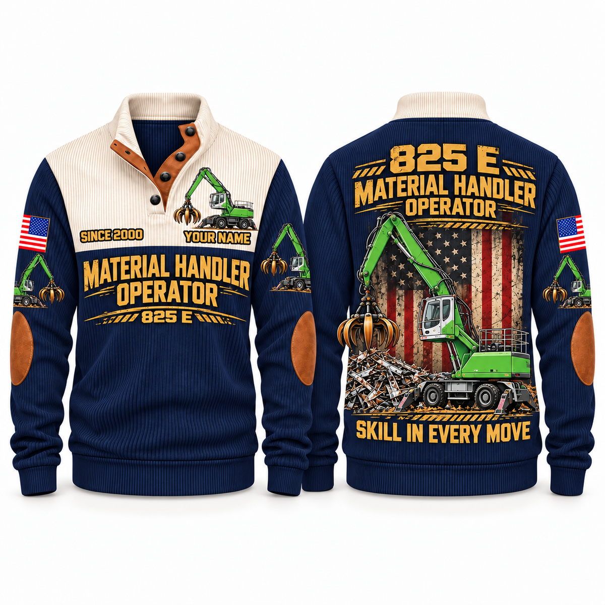 825 E Material Handler Operator Sports Sweatshirt in Navy, front and back views, sample YOUR NAME and SINCE 2000 personalization