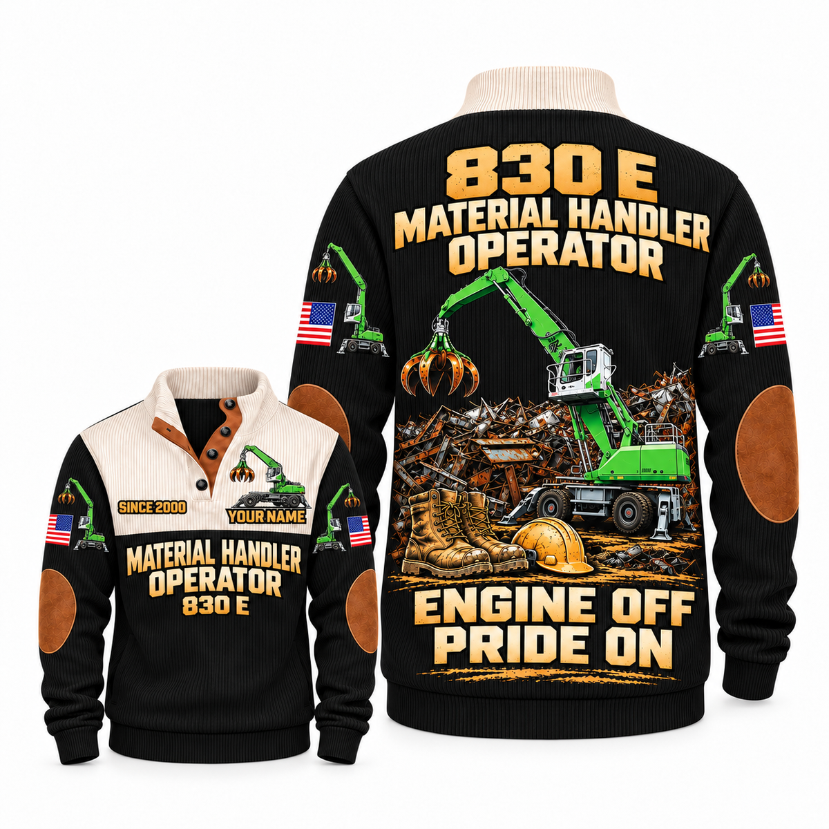 830 E Material Handler Operator Sports Sweatshirt in Black, front and back views, sample YOUR NAME and SINCE 2000 personalization