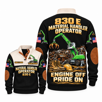 830 E Material Handler Operator Sports Sweatshirt in Black, front and back views, sample YOUR NAME and SINCE 2000 personalization