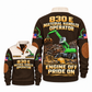 830 E Material Handler Operator Sports Sweatshirt in Brown, front and back views, sample YOUR NAME and SINCE 2000 personalization