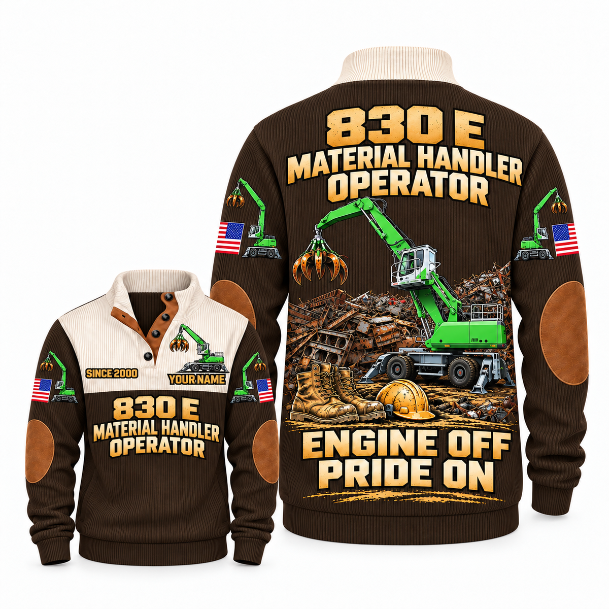 830 E Material Handler Operator Sports Sweatshirt in Brown, front and back views, sample YOUR NAME and SINCE 2000 personalization