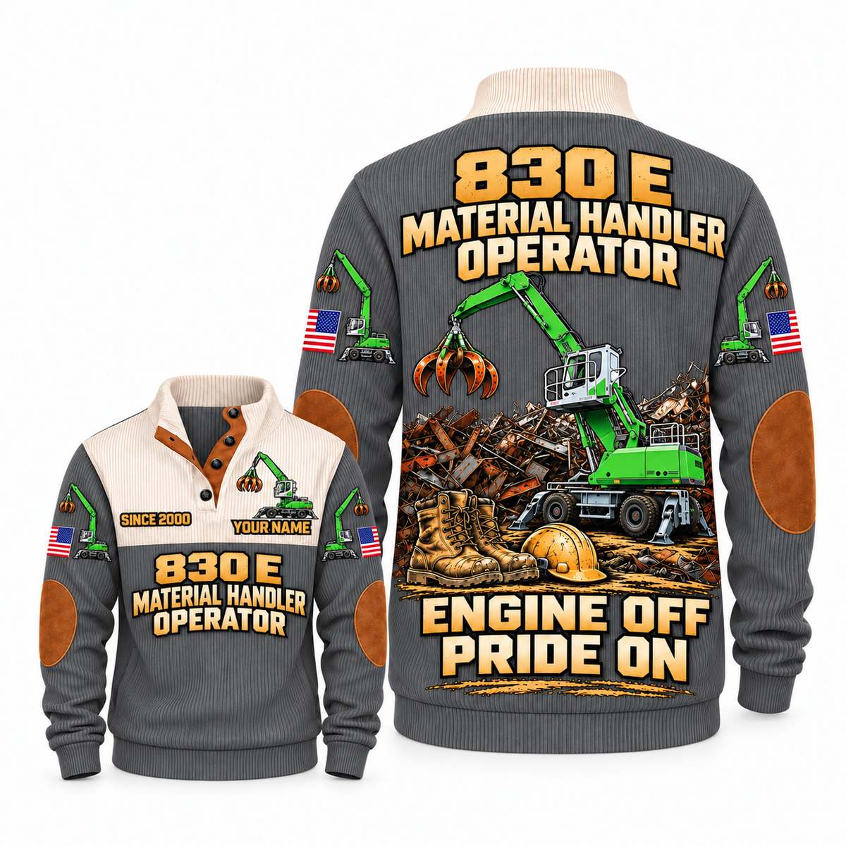 830 E Material Handler Operator Sports Sweatshirt in Grey, front and back views, sample YOUR NAME and SINCE 2000 personalization
