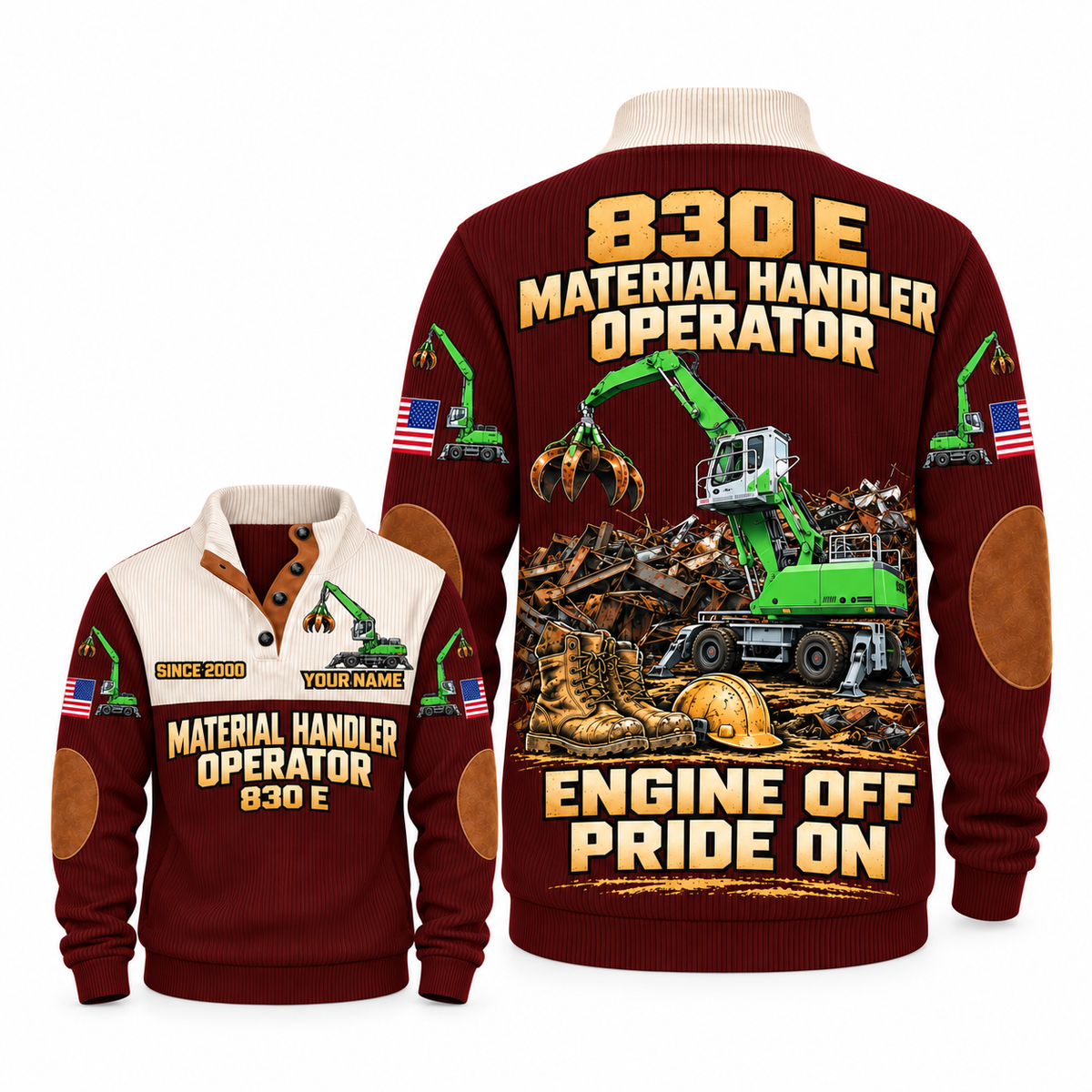 830 E Material Handler Operator Sports Sweatshirt in Jujube Red, front and back views, sample YOUR NAME and SINCE 2000 personalization