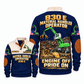 830 E Material Handler Operator Sports Sweatshirt in Navy, front and back views, sample YOUR NAME and SINCE 2000 personalization