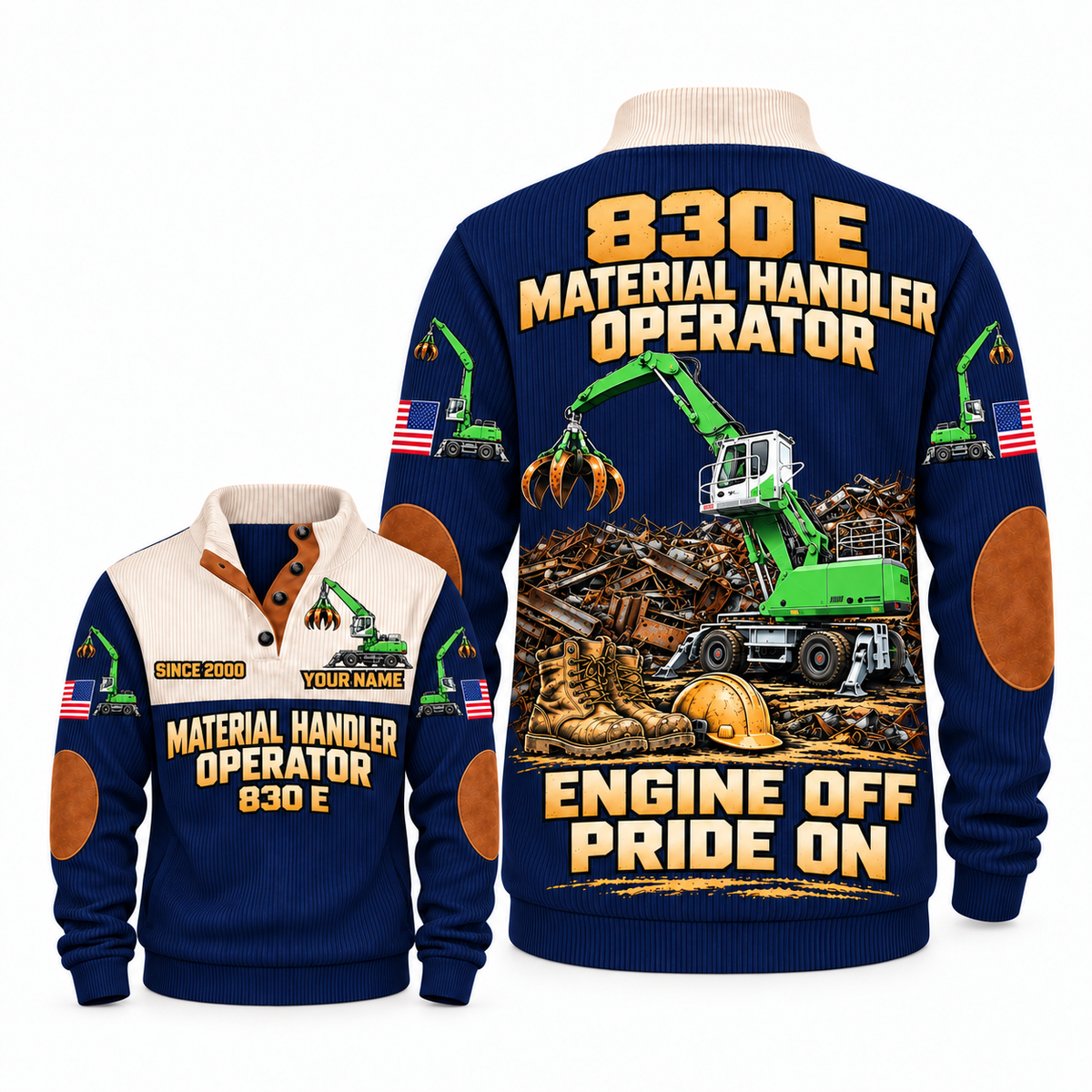 830 E Material Handler Operator Sports Sweatshirt in Navy, front and back views, sample YOUR NAME and SINCE 2000 personalization