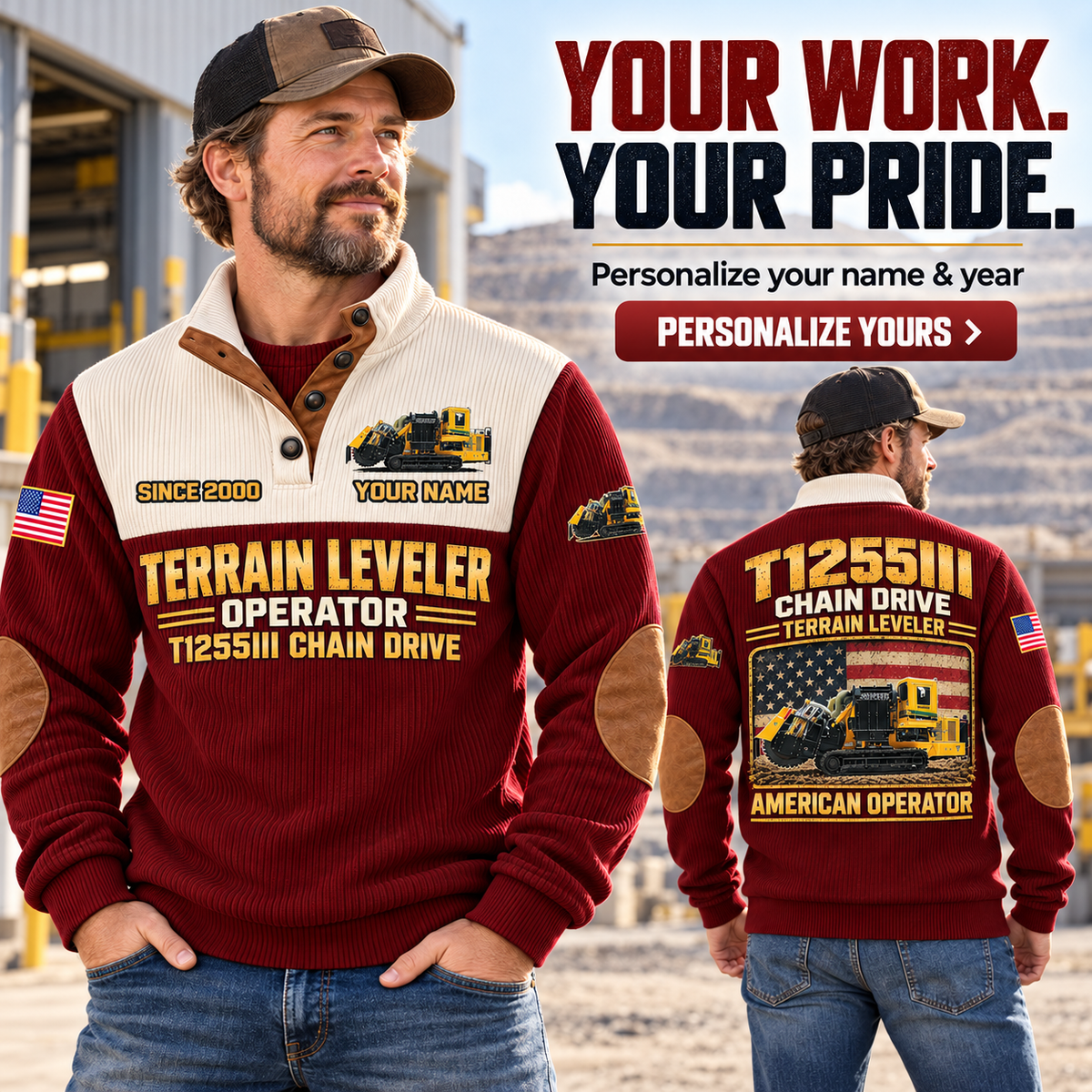 Personalized T1255III Chain Drive Terrain Leveler Surface Miner Sports Sweatshirt in Jujube Red, dedicated lifestyle featured image showing front and back artwork, personalized YOUR NAME and SINCE 2000