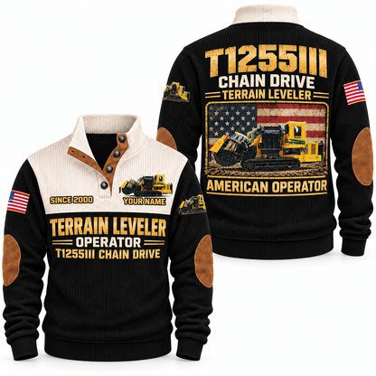 T1255III Chain Drive Terrain Leveler Surface Miner Operator Sports Sweatshirt in Black, front and back views, sample YOUR NAME and SINCE 2000 personalization