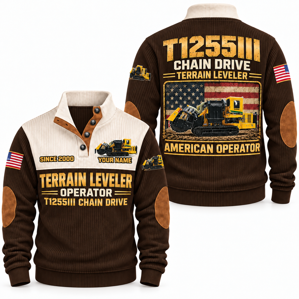 T1255III Chain Drive Terrain Leveler Surface Miner Operator Sports Sweatshirt in Brown, front and back views, sample YOUR NAME and SINCE 2000 personalization