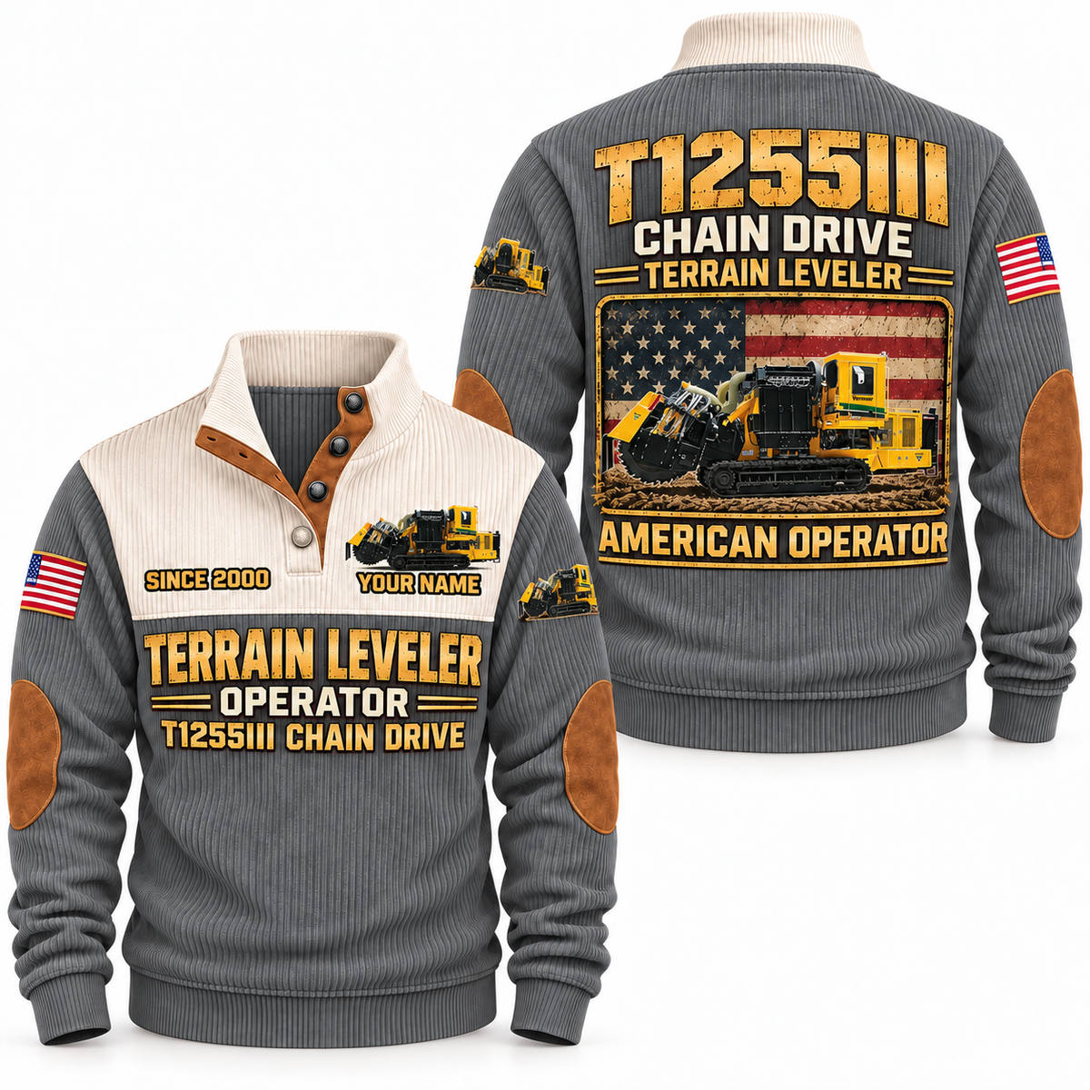 T1255III Chain Drive Terrain Leveler Surface Miner Operator Sports Sweatshirt in Grey, front and back views, sample YOUR NAME and SINCE 2000 personalization