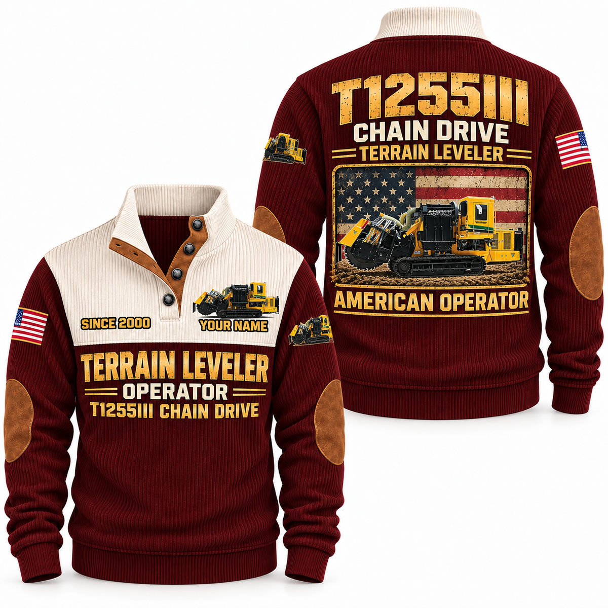 T1255III Chain Drive Terrain Leveler Surface Miner Operator Sports Sweatshirt in Jujube Red, front and back views, sample YOUR NAME and SINCE 2000 personalization