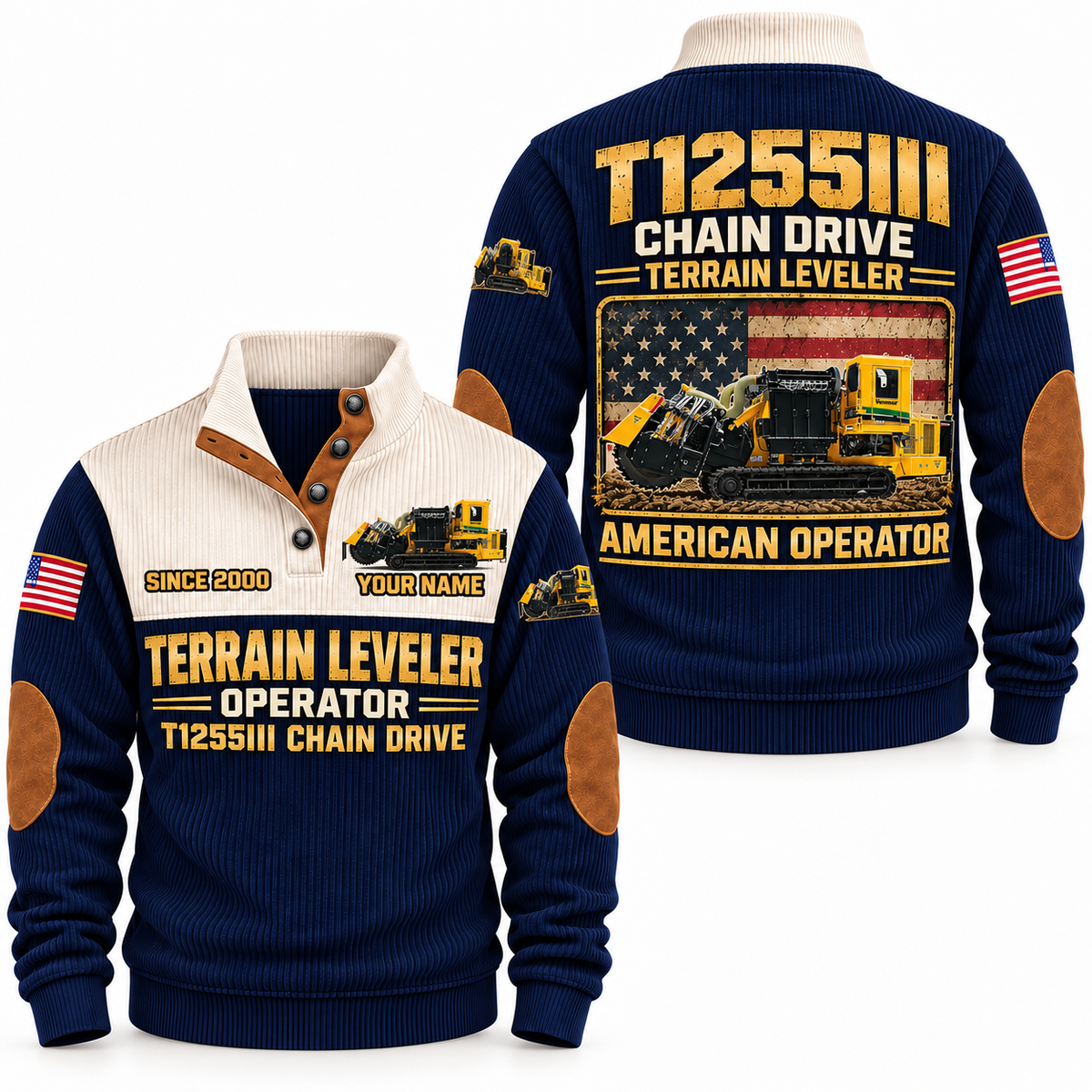T1255III Chain Drive Terrain Leveler Surface Miner Operator Sports Sweatshirt in Navy, front and back views, sample YOUR NAME and SINCE 2000 personalization