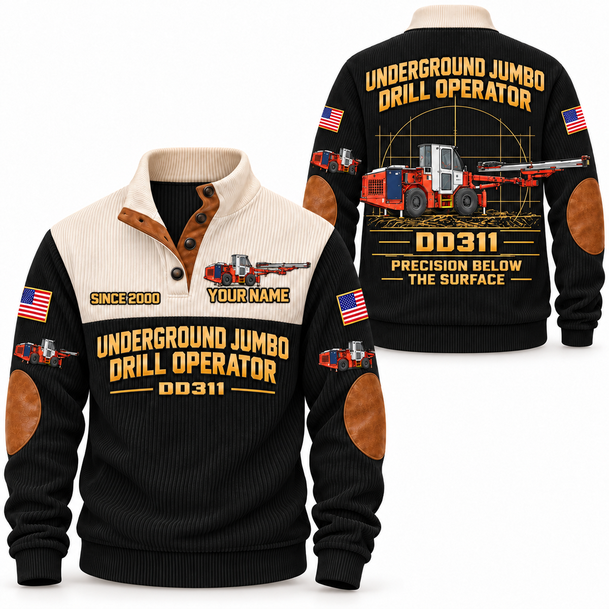 DD311 Underground Jumbo Drill Operator Sports Sweatshirt in Black, front and back views, sample YOUR NAME and SINCE 2000 personalization