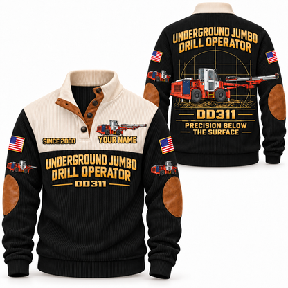 DD311 Underground Jumbo Drill Operator Sports Sweatshirt in Black, front and back views, sample YOUR NAME and SINCE 2000 personalization
