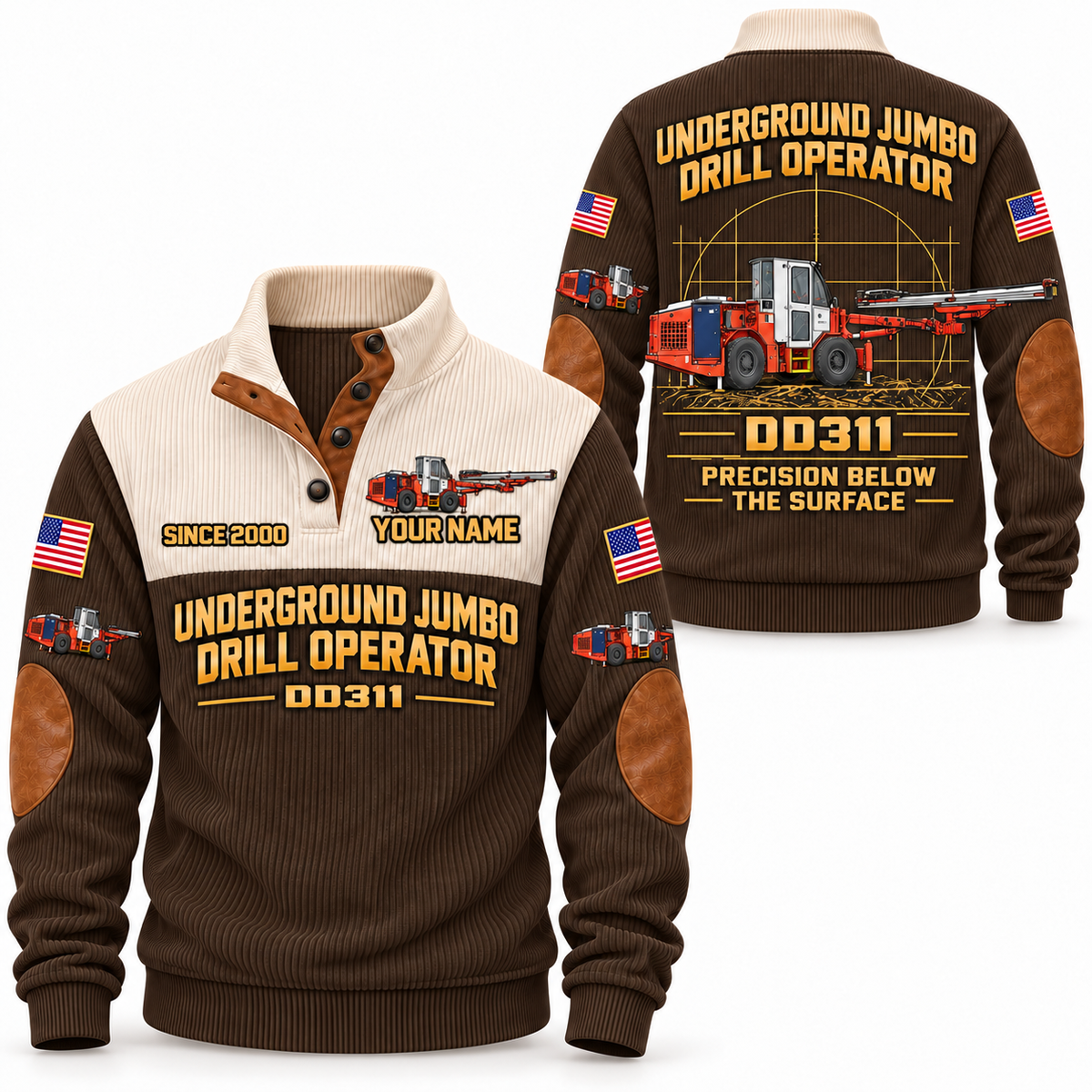 DD311 Underground Jumbo Drill Operator Sports Sweatshirt in Brown, front and back views, sample YOUR NAME and SINCE 2000 personalization