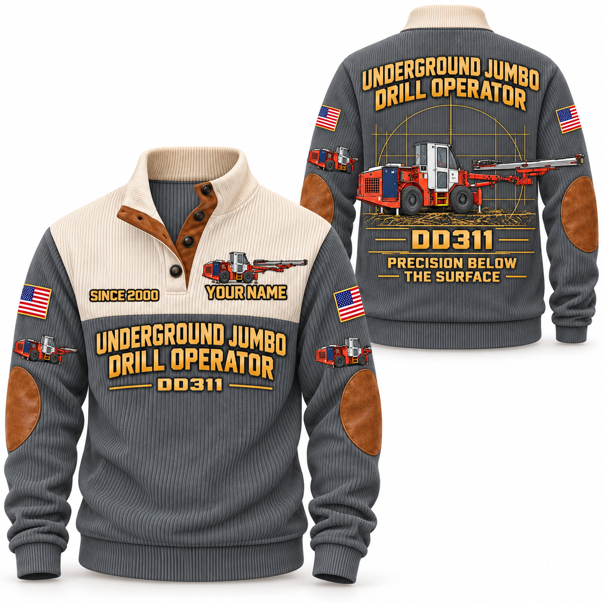 DD311 Underground Jumbo Drill Operator Sports Sweatshirt in Grey, front and back views, sample YOUR NAME and SINCE 2000 personalization
