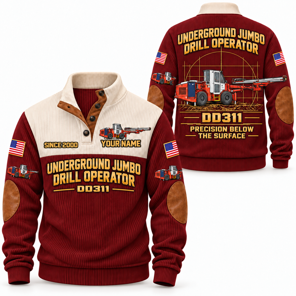DD311 Underground Jumbo Drill Operator Sports Sweatshirt in Jujube Red, front and back views, sample YOUR NAME and SINCE 2000 personalization