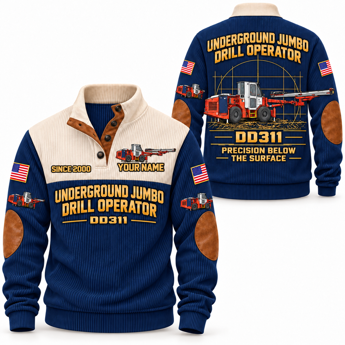 DD311 Underground Jumbo Drill Operator Sports Sweatshirt in Navy, front and back views, sample YOUR NAME and SINCE 2000 personalization