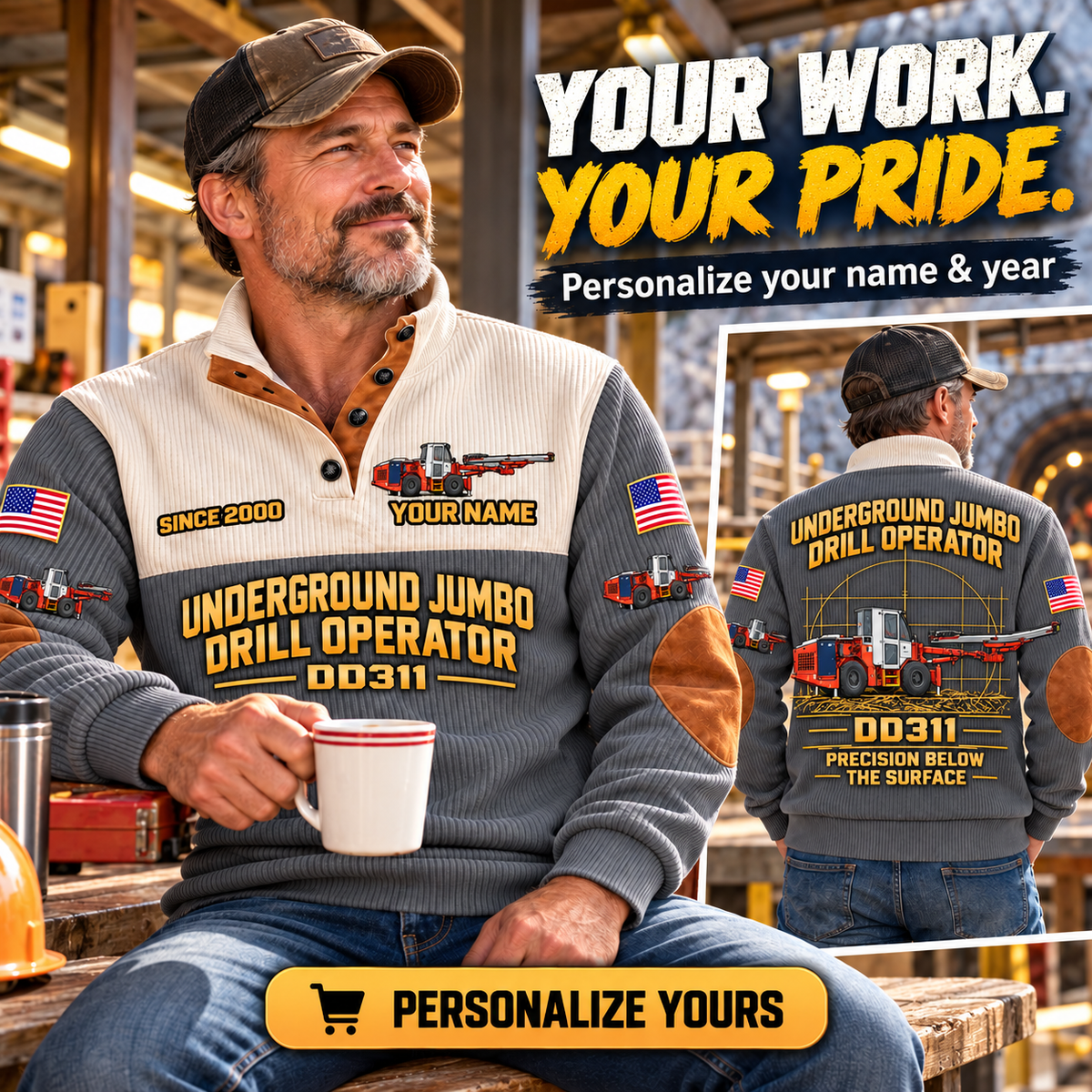 Personalized DD311 Underground Jumbo Drill Operator Sports Sweatshirt in Grey, dedicated lifestyle featured image showing front and back artwork, personalized YOUR NAME and SINCE 2000