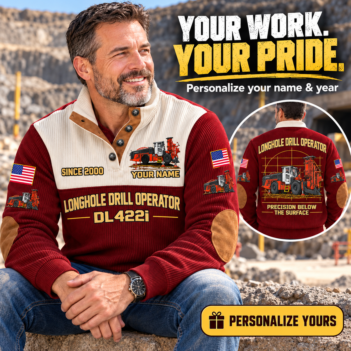Personalized DL422i Longhole Drill Operator Sports Sweatshirt in Jujube Red, dedicated lifestyle featured image showing front and back artwork, personalized YOUR NAME and SINCE 2000