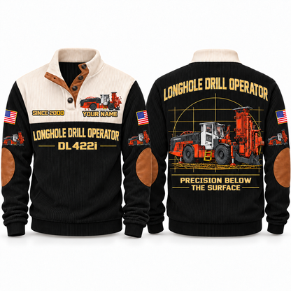 DL422i Longhole Drill Operator Sports Sweatshirt in Black, front and back views, sample YOUR NAME and SINCE 2000 personalization