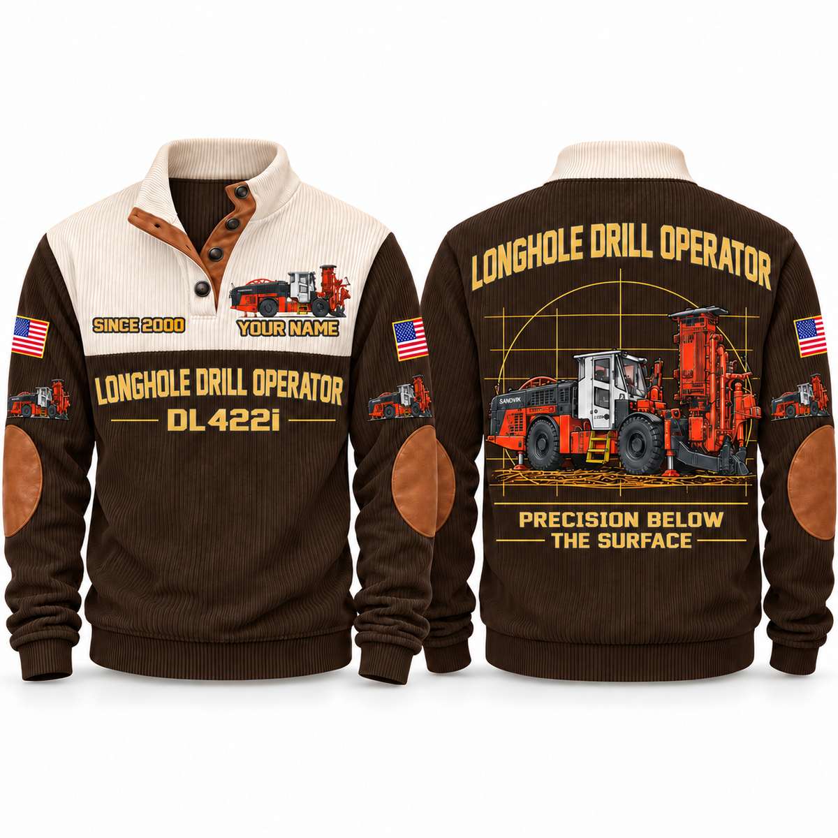 DL422i Longhole Drill Operator Sports Sweatshirt in Brown, front and back views, sample YOUR NAME and SINCE 2000 personalization