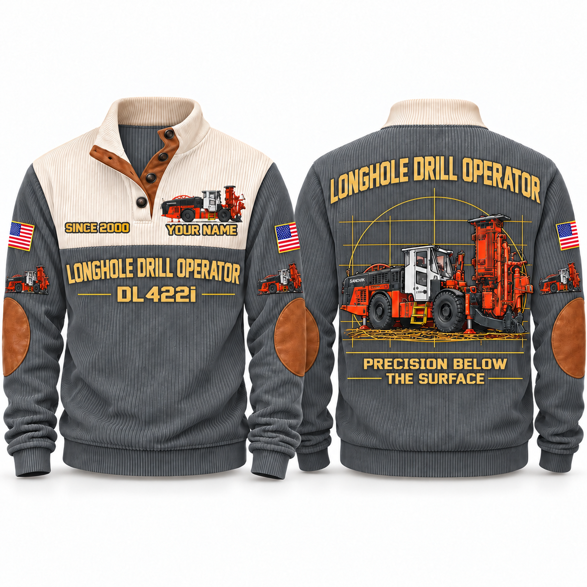 DL422i Longhole Drill Operator Sports Sweatshirt in Grey, front and back views, sample YOUR NAME and SINCE 2000 personalization