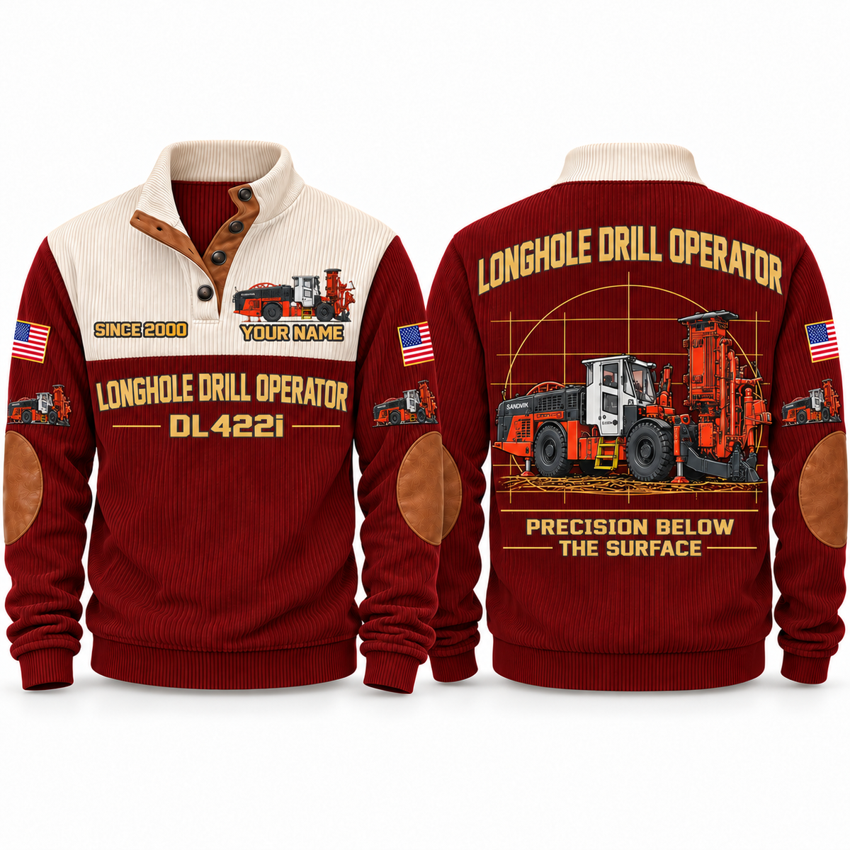 DL422i Longhole Drill Operator Sports Sweatshirt in Jujube Red, front and back views, sample YOUR NAME and SINCE 2000 personalization