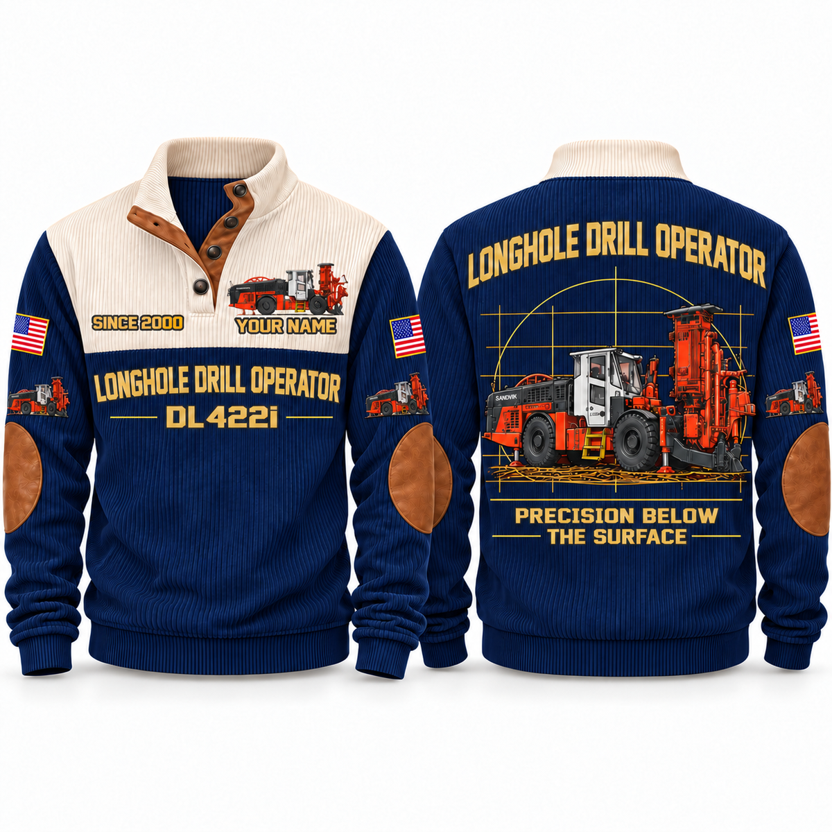 DL422i Longhole Drill Operator Sports Sweatshirt in Navy, front and back views, sample YOUR NAME and SINCE 2000 personalization