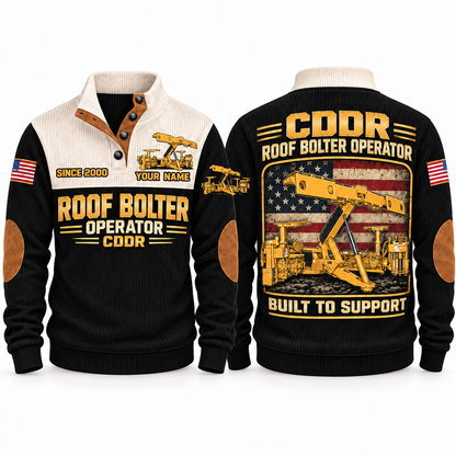 CDDR Rock/Roof Bolter Operator Sports Sweatshirt in Black, front and back views, sample YOUR NAME and SINCE 2000 personalization