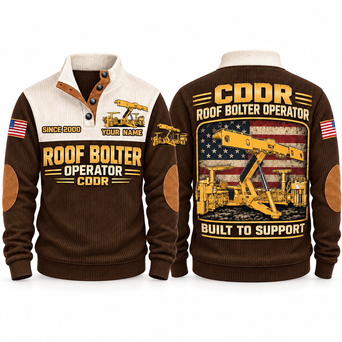 CDDR Rock/Roof Bolter Operator Sports Sweatshirt in Brown, front and back views, sample YOUR NAME and SINCE 2000 personalization