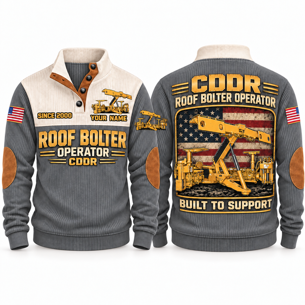 CDDR Rock/Roof Bolter Operator Sports Sweatshirt in Grey, front and back views, sample YOUR NAME and SINCE 2000 personalization