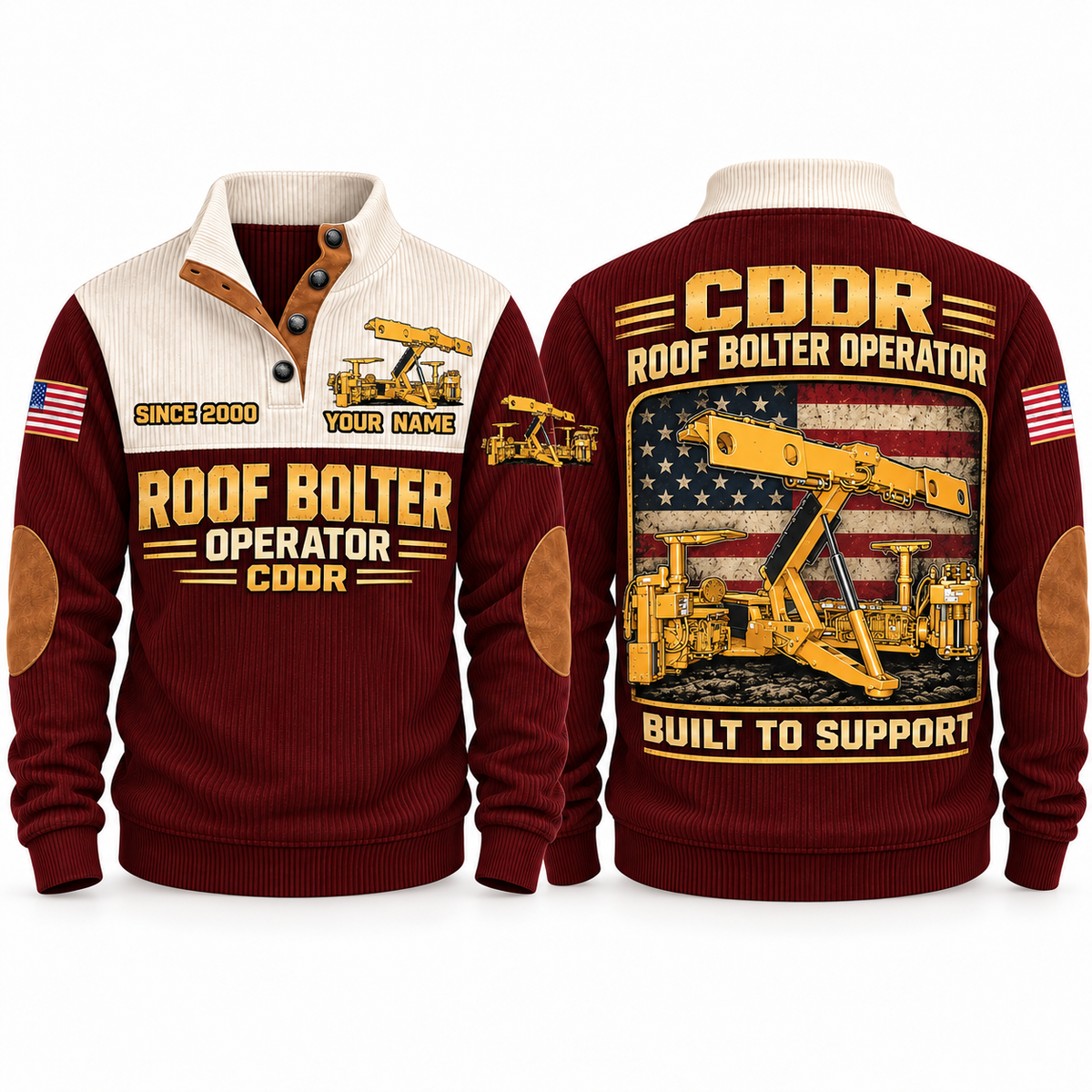 CDDR Rock/Roof Bolter Operator Sports Sweatshirt in Jujube Red, front and back views, sample YOUR NAME and SINCE 2000 personalization