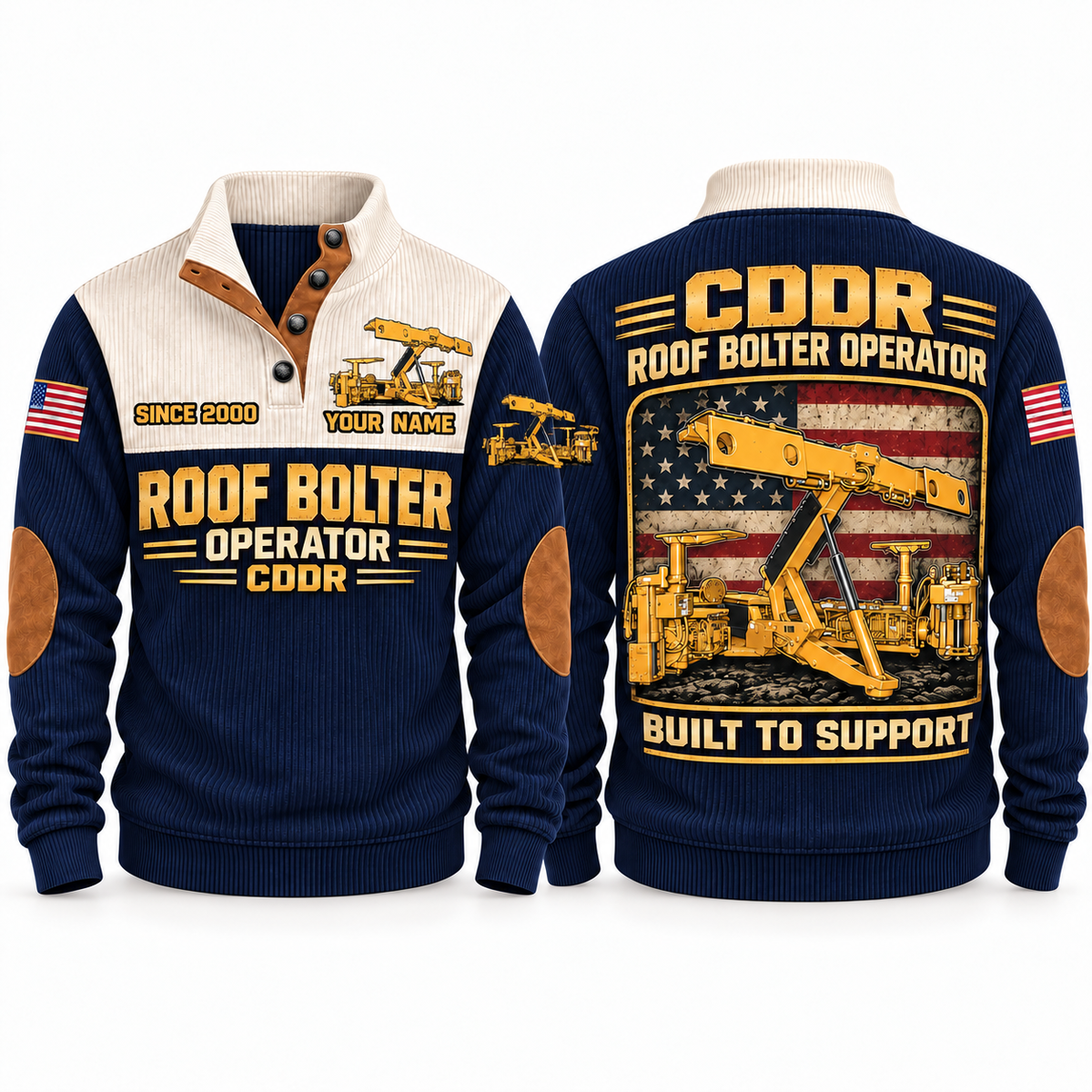 CDDR Rock/Roof Bolter Operator Sports Sweatshirt in Navy, front and back views, sample YOUR NAME and SINCE 2000 personalization