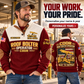 Personalized Fletcher CDDR Roof Bolter Operator Sports Sweatshirt in Jujube Red, dedicated lifestyle featured image showing front and back artwork, personalized YOUR NAME and SINCE 2000