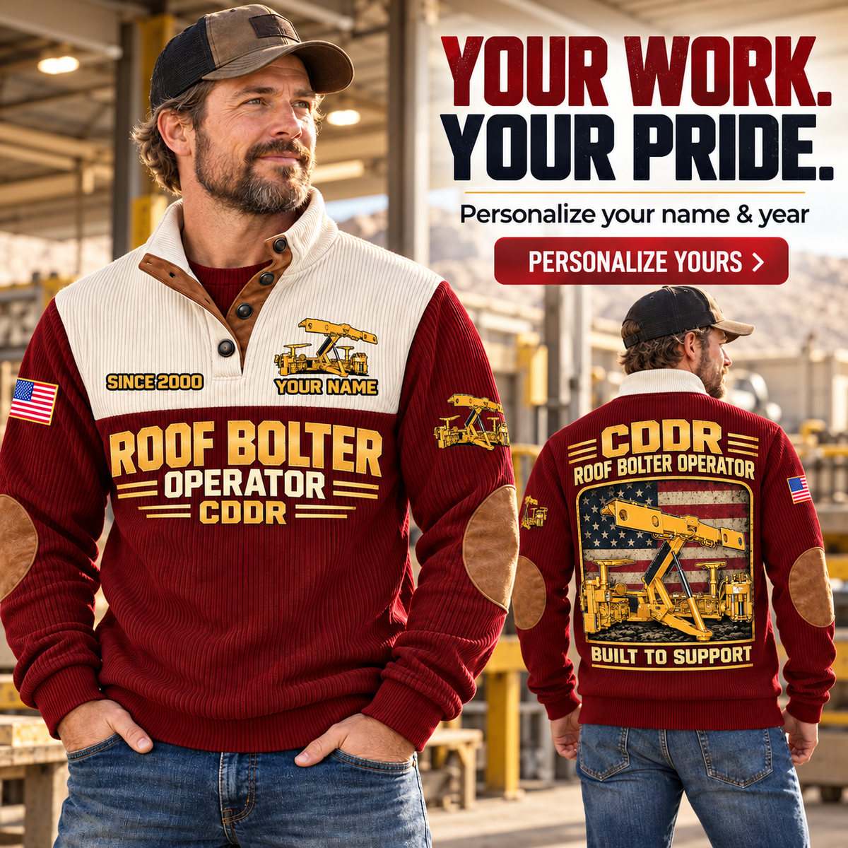 Personalized Fletcher CDDR Roof Bolter Operator Sports Sweatshirt in Jujube Red, dedicated lifestyle featured image showing front and back artwork, personalized YOUR NAME and SINCE 2000