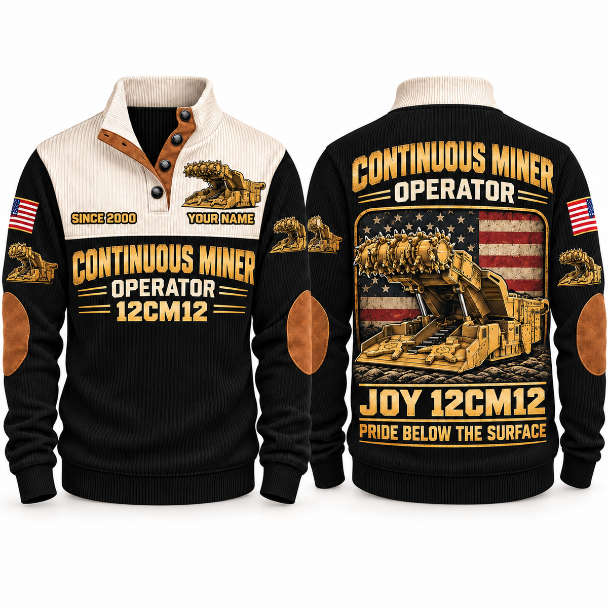 12CM12 Continuous Miner Operator Sports Sweatshirt in Black, front and back views, sample YOUR NAME and SINCE 2000 personalization