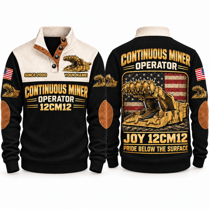12CM12 Continuous Miner Operator Sports Sweatshirt in Black, front and back views, sample YOUR NAME and SINCE 2000 personalization