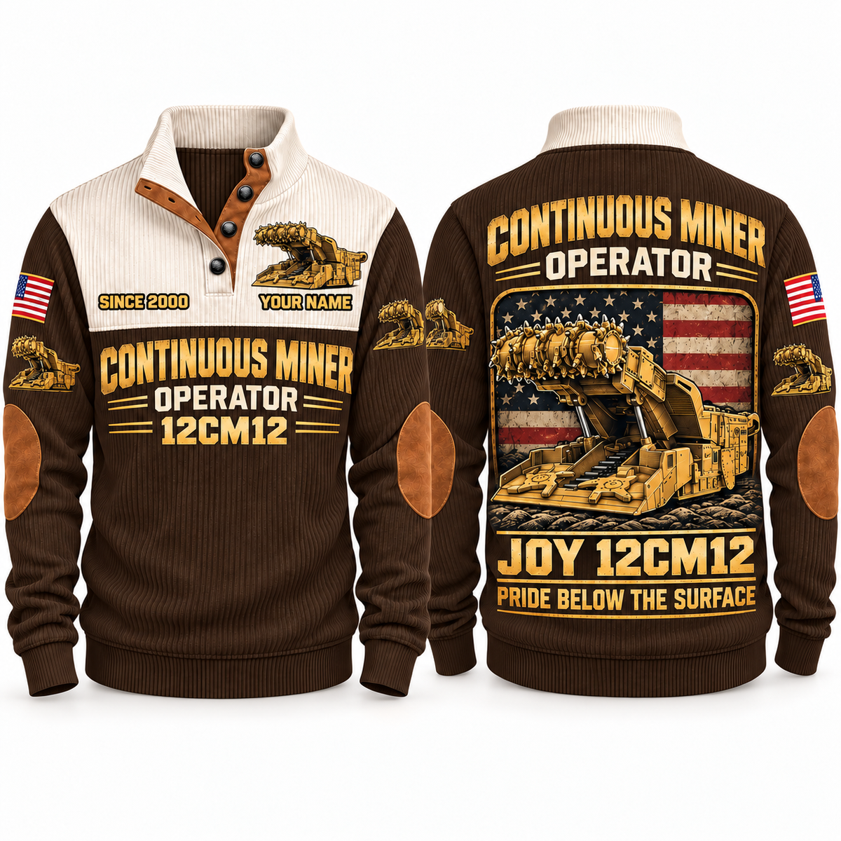 12CM12 Continuous Miner Operator Sports Sweatshirt in Brown, front and back views, sample YOUR NAME and SINCE 2000 personalization